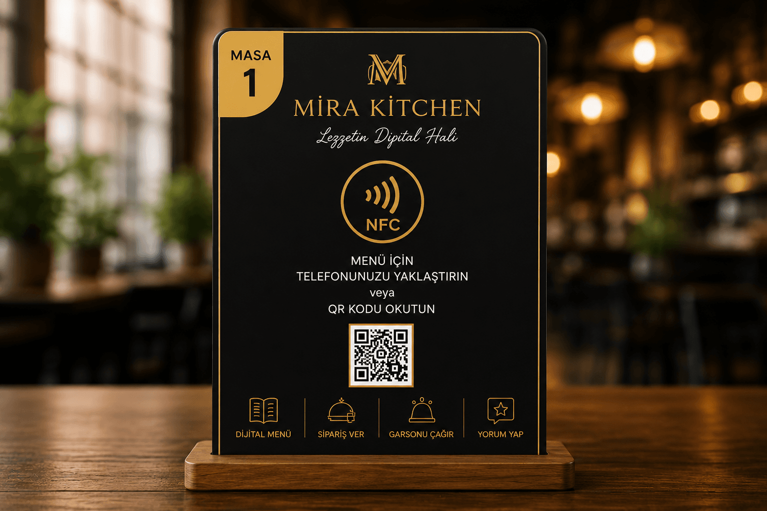 Restoran masasında duran siyah NFC menü standı