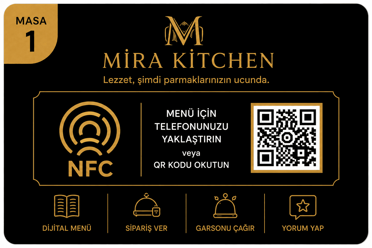 Masa numaralı siyah NFC ve QR menü kartı