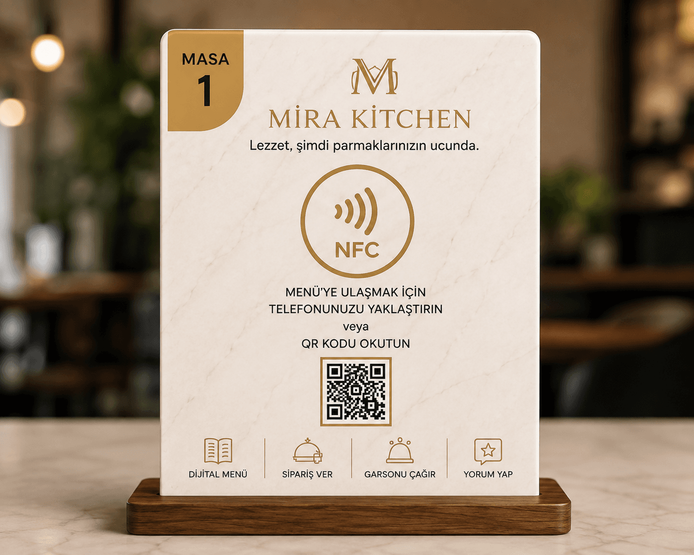 Beyaz mermer görünümlü NFC menü standı