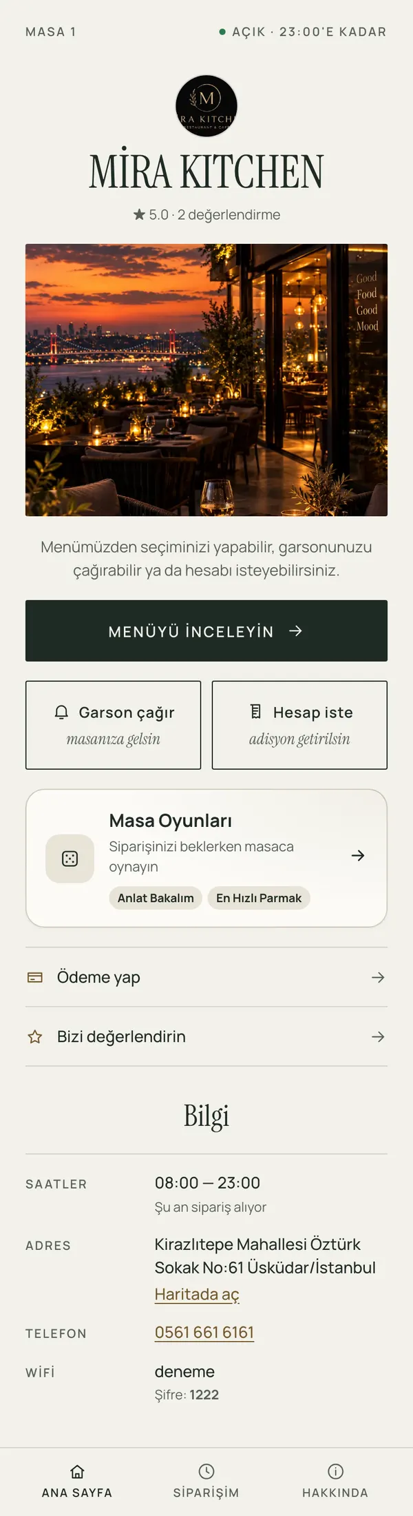 Linen tasarımı, Fildişi paleti: restoran ana sayfası